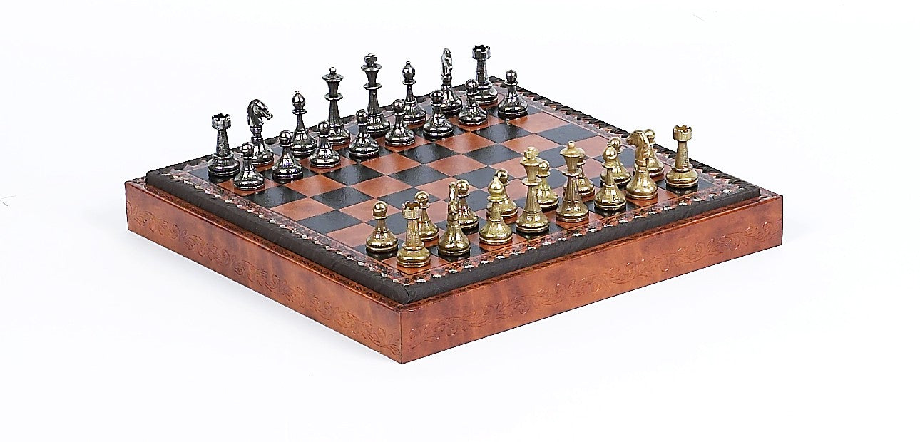 Silver plated Brass Florentine Staunton Chessmen & 11 inch Leatherette Cabinet Chess Set