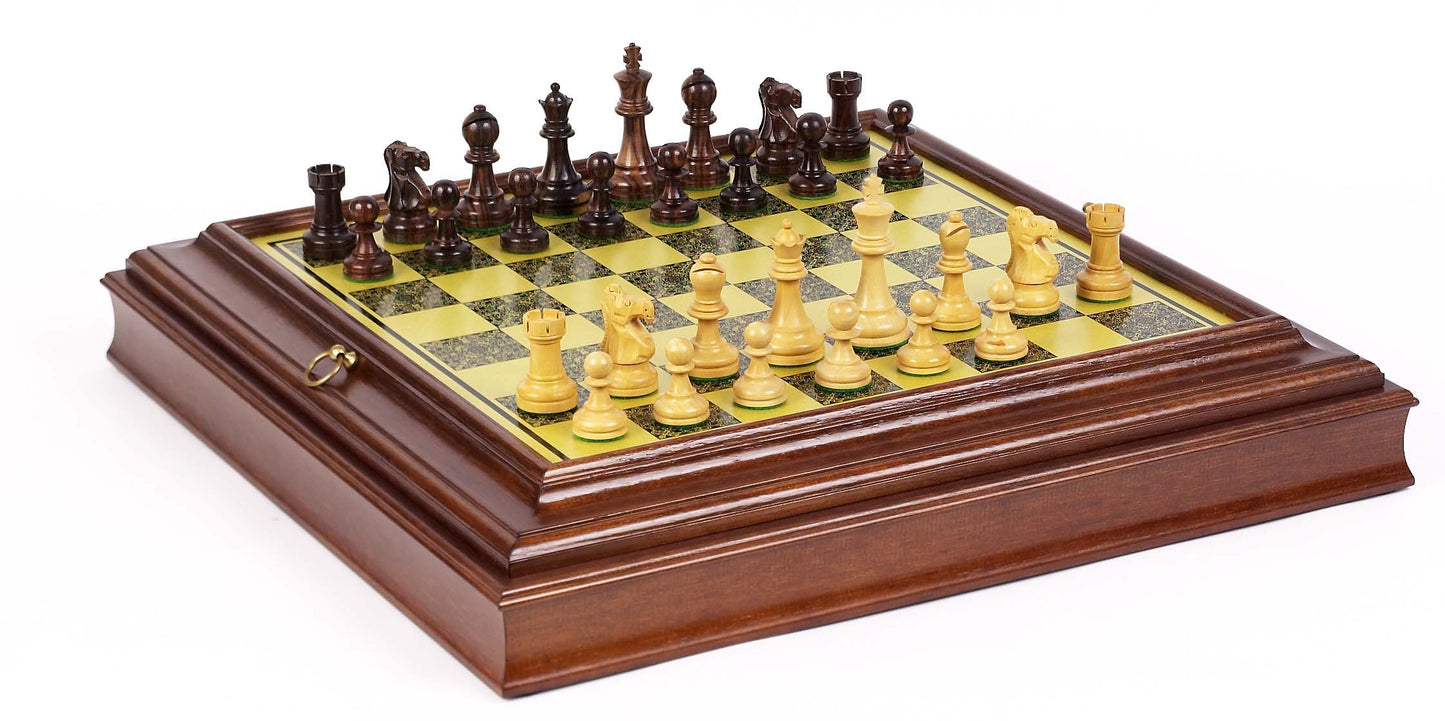 French Staunton Wood Chessmen & 22 inch Brass Cabinet Board Chess Set