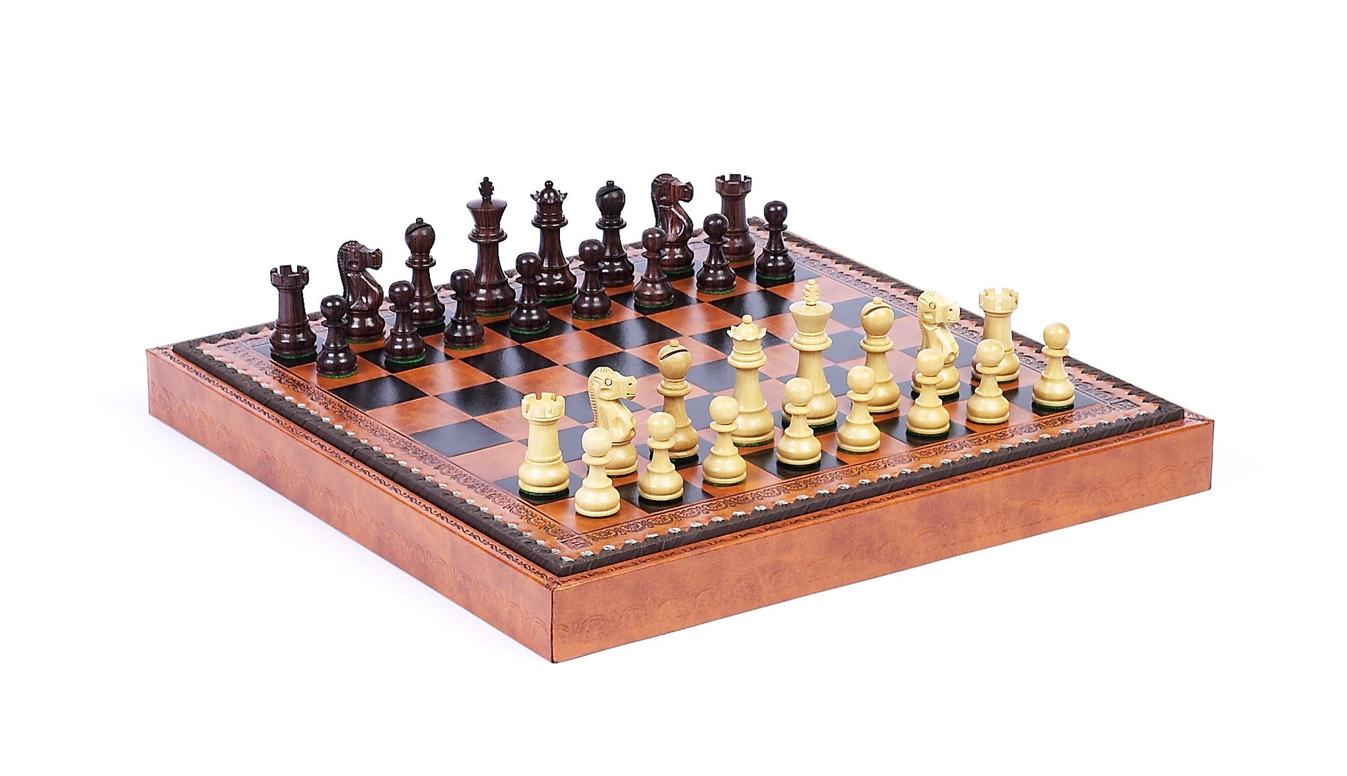 French Staunton Jr. Wood Chessmen & Leatherette Cabinet Board Chess Set