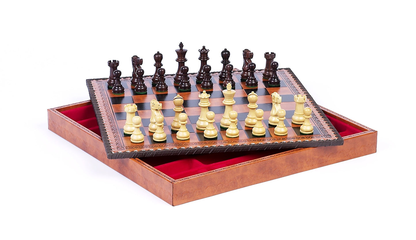 French Staunton Jr. Wood Chessmen & Leatherette Cabinet Board Chess Set open