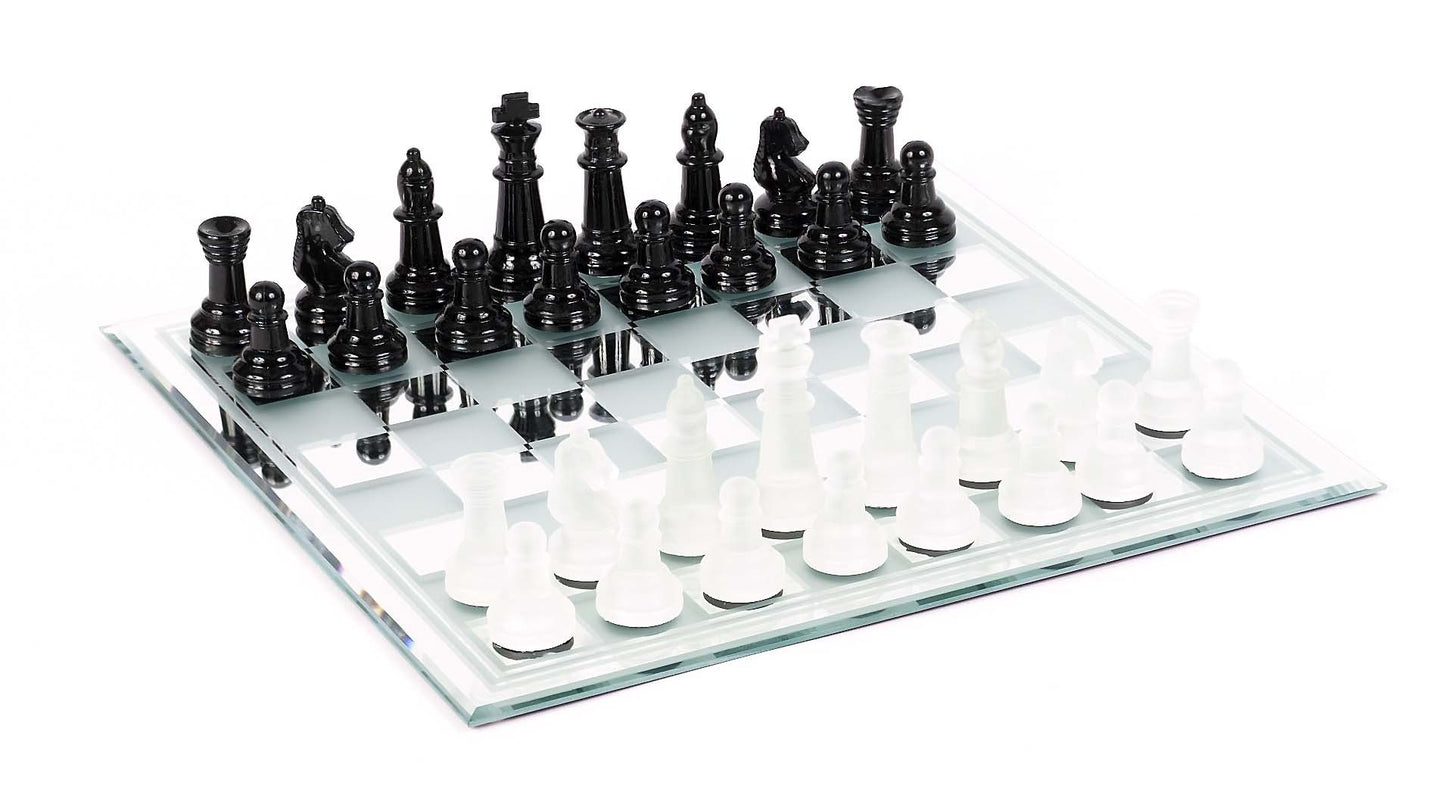15 Inch Frosted Glass Chess Set with Black & Frosted White chessmen
