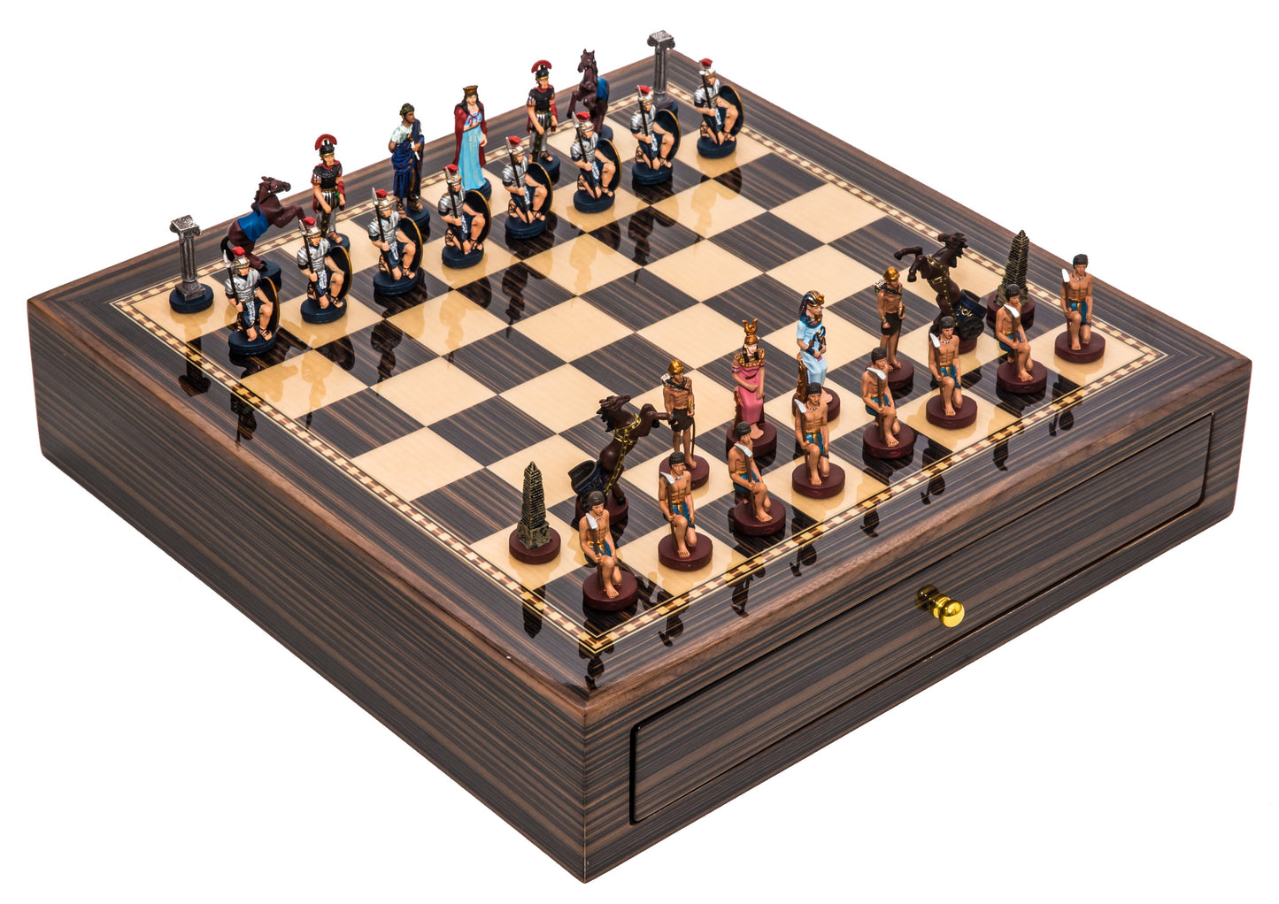 Pewter Metal Romans vs Egyptians Themed Chessmen & Deluxe Board Case Chess Set