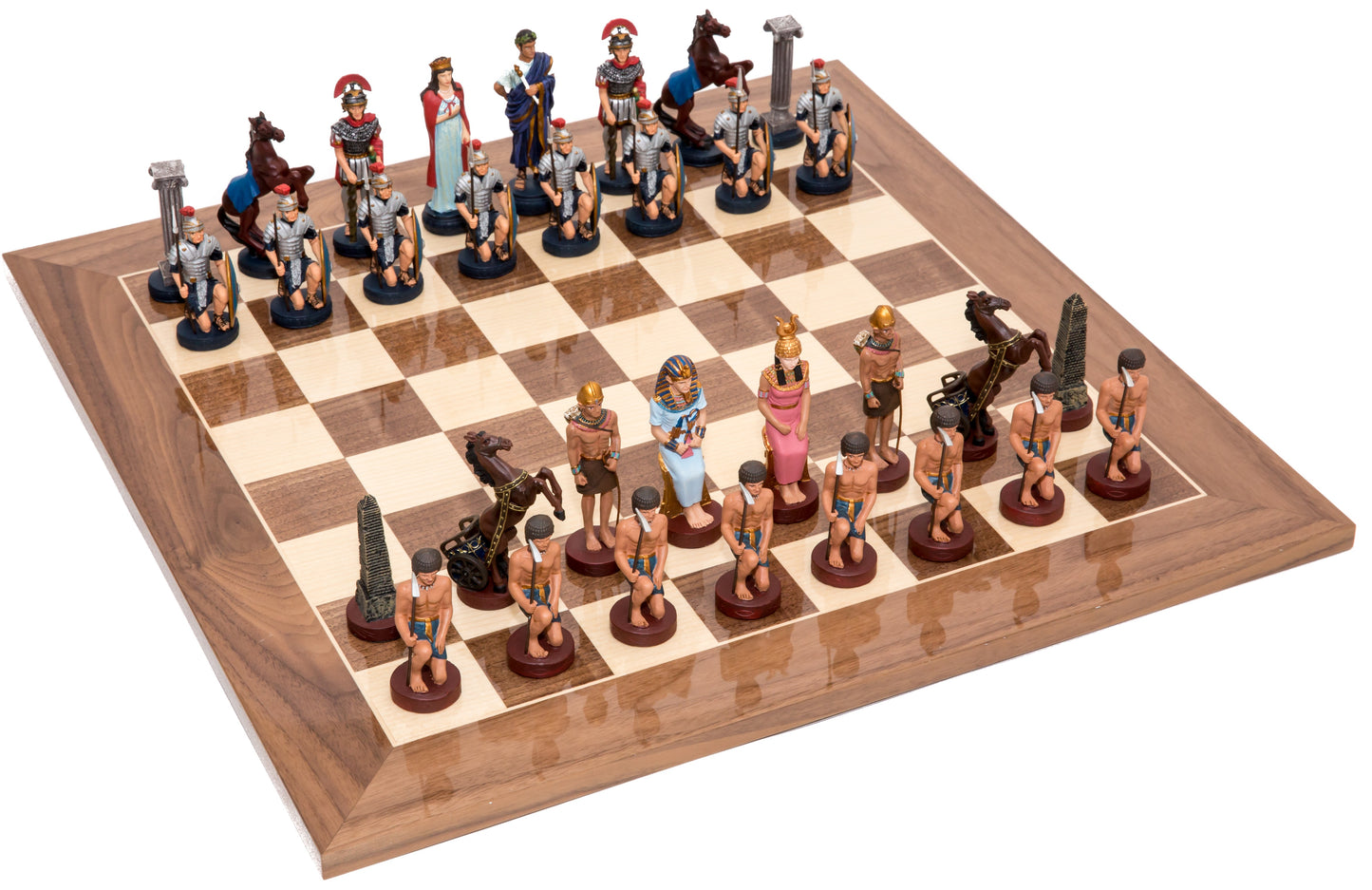 Pewter Metal Romans vs Egyptians Themed Chessmen & Master Board Chess Set