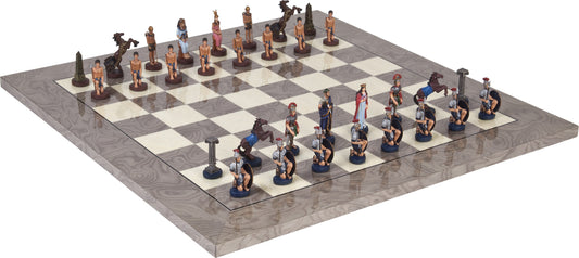Pewter Metal Romans vs Egyptians Themed Chessmen & Superior Board Chess Set