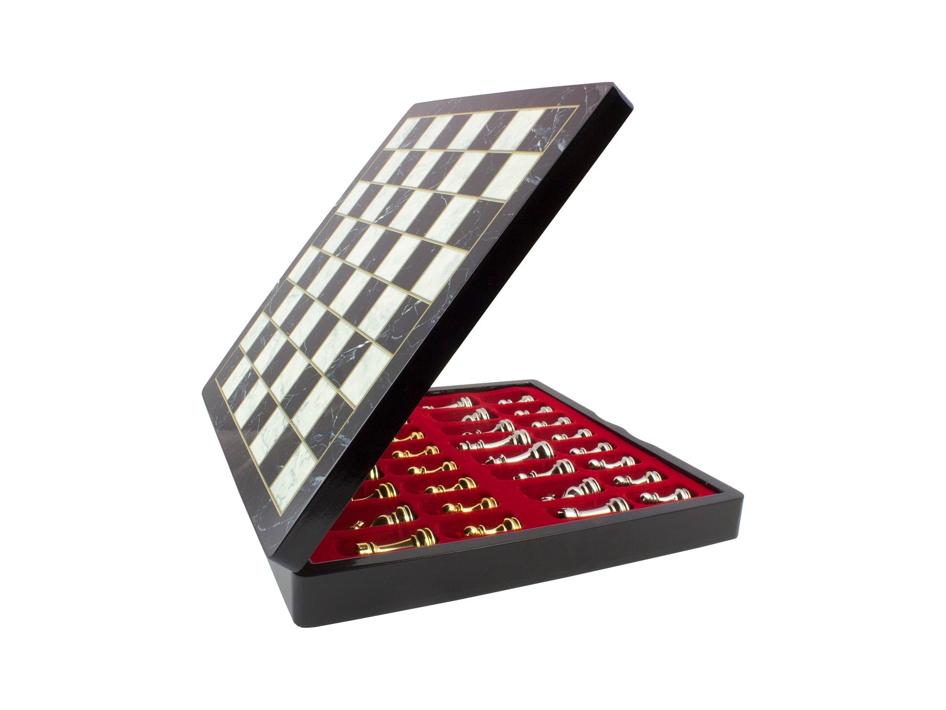 Luxury Marble Patterned Chess Box Set with Gold & Silver Colored Metal Staunton Chessmen (box open)
