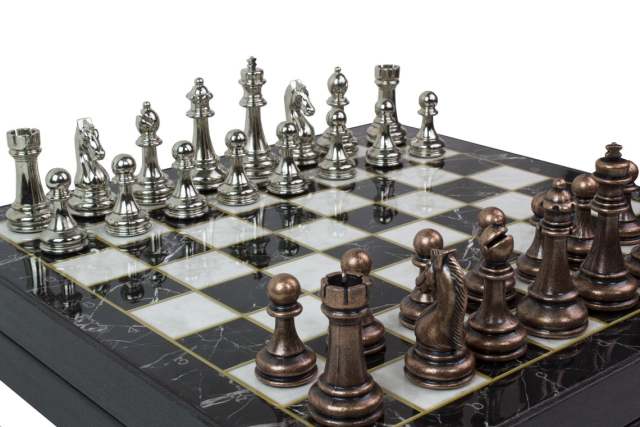 Marble Patterned Chess Box Set with Bronze & Silver Colored Metal Staunton Chessmen