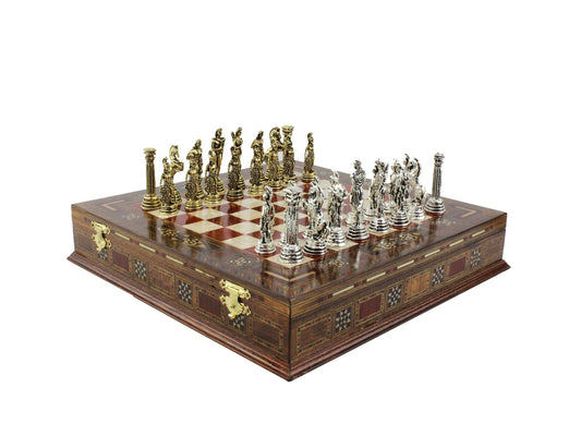 10.8 Inch Rosewood Chess Box Set (red squares) with Metal Roman Soldier Theme Pieces