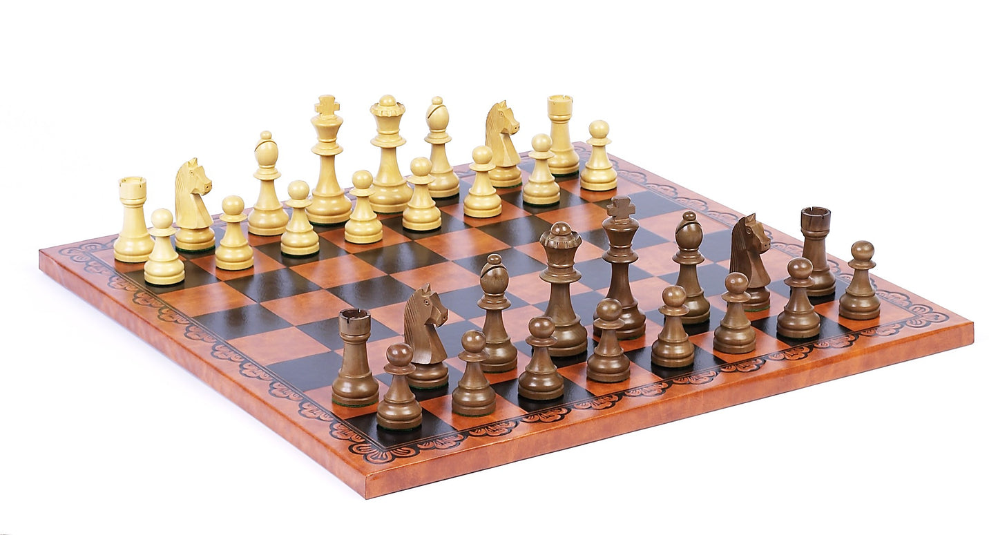 Staunton Design Wood Chessmen & 17.5 inch Tooled Leatherette Board